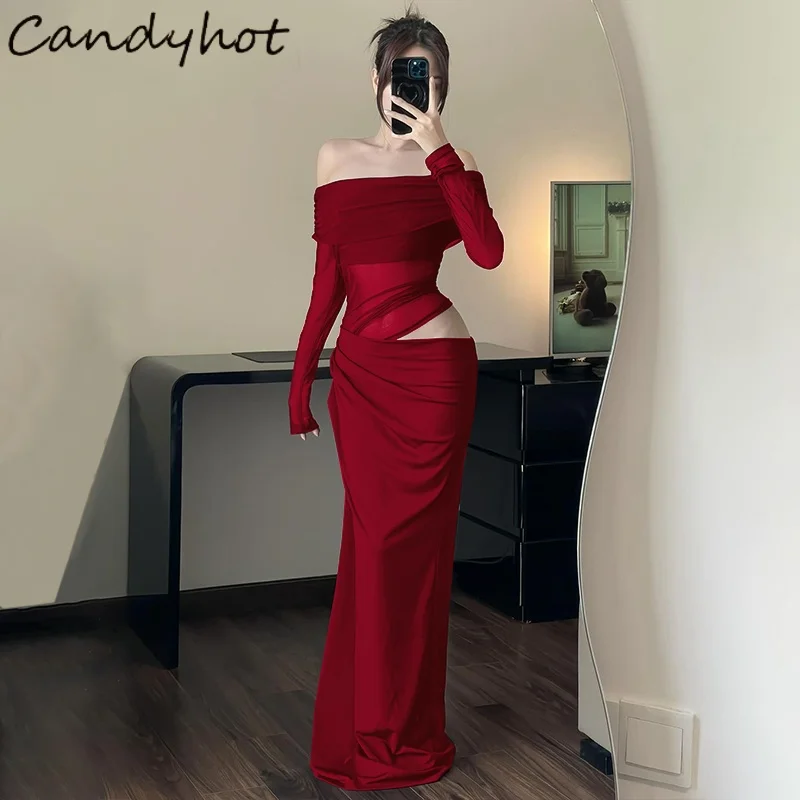 فساتين Candyhot أنيقة بدون أكتاف شبكية متينة Y2K مثيرة بأكمام طويلة نحيفة شفافة من خلال فستان ماكسي للخريف فساتين نسائية عصرية
