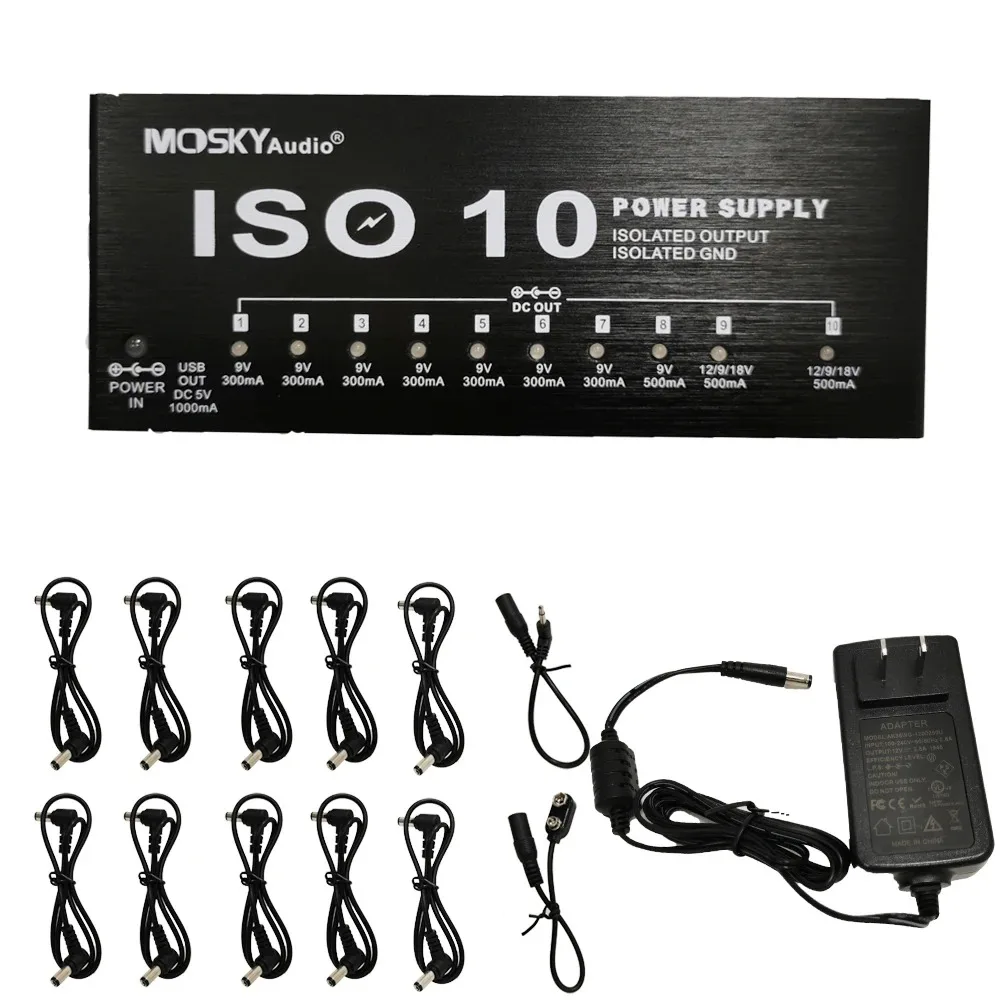 MOSKY ISO-10 Guitar Effect Pedal Power Supply 10 Isolated DC Outputs/ 5V USB Output for 9V 12V 18V Protection Guitar Accessories