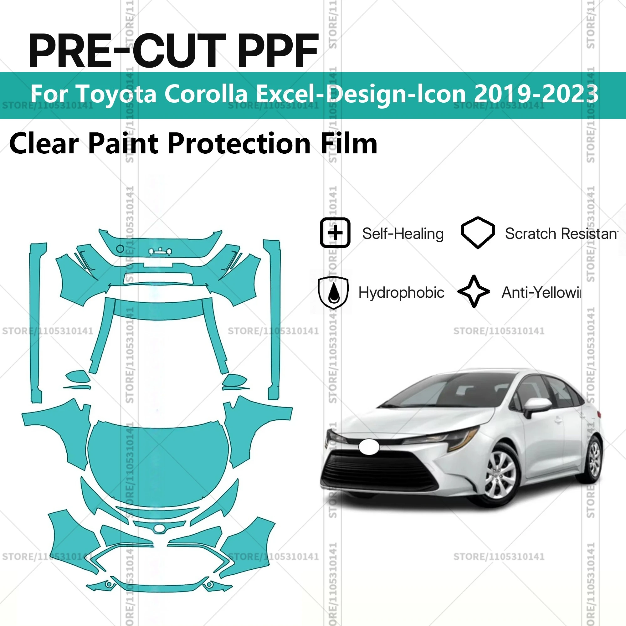 

Для Toyota Corolla Excel-Design-lcon 2019-2023: Предварительно вырезанная прозрачная защитная пленка PPF для автомобиля