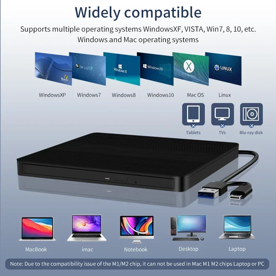 2 in 1 USB3.0 TypeC External CD DVD Drive Slim Optical Drive External CD-RW Burner Reader Bluray Player For PC Desktop Mac Linux