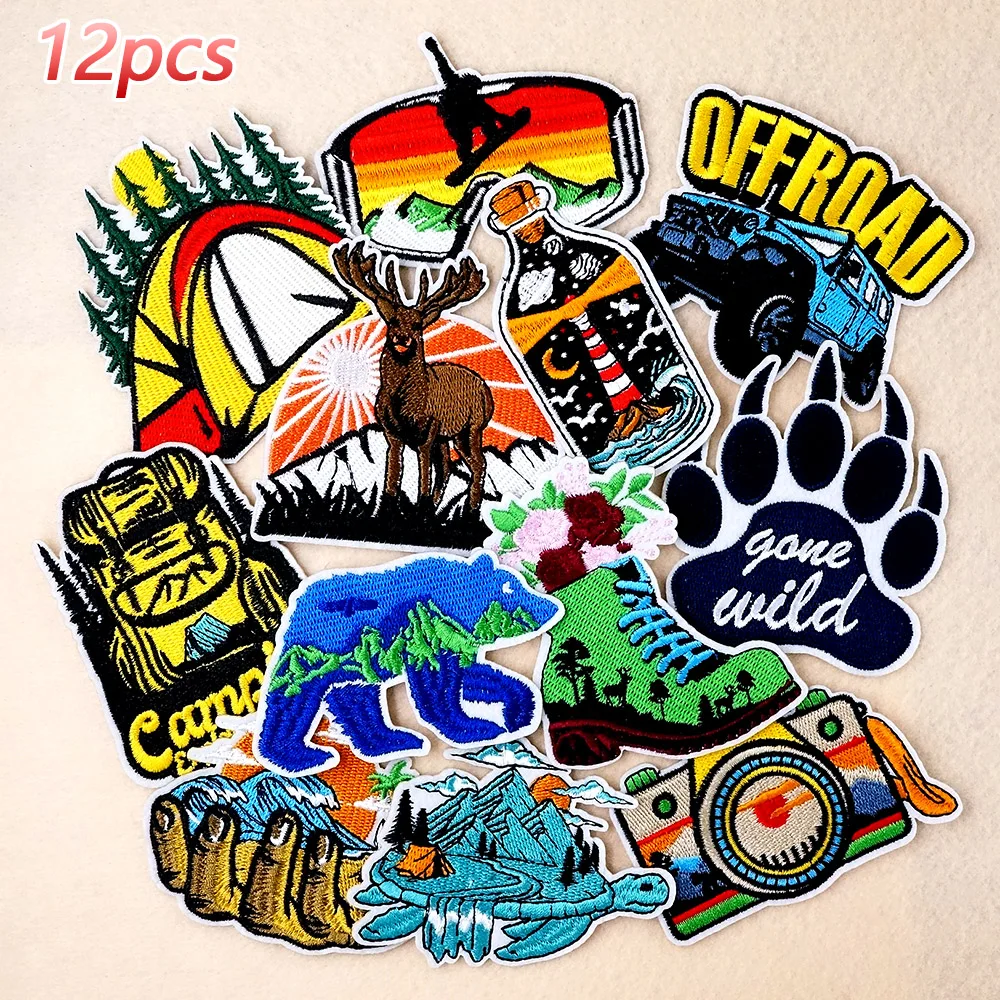 

12Pcs/Lot Outdoors Camping Bear Patches Embroidery Applique Ironing Clothing Sewing Supplies Decorative Badge Decoration Patch