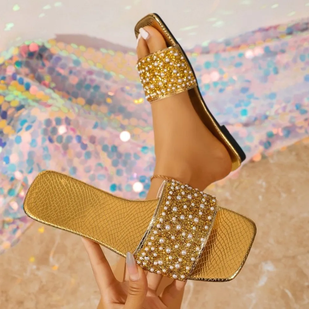 

Women Slippers Rhinestone Flat Sandals Fashion Crystal Summer Slippers Comfort Non Slip Beach Shoes new Women Flats Slides Women