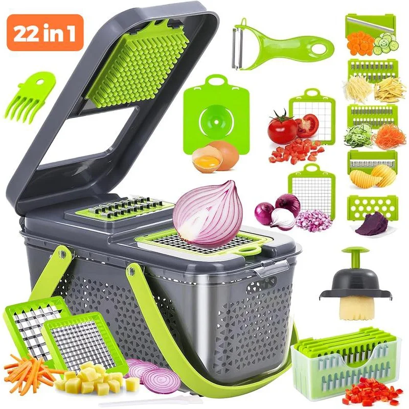 22-in-1 Sturdy Multifunctional Durable Vegetable Chopper with Container, Garlic Onion Potato Cutting Machine Slicer, Kitchen Lid