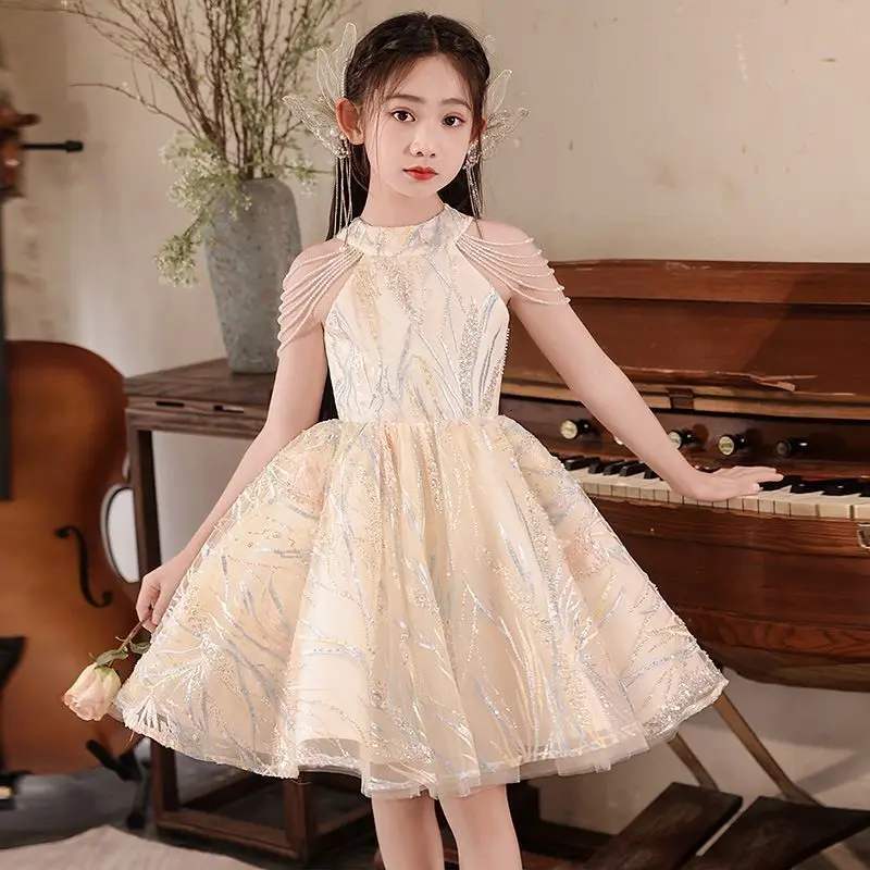 Girls Bead Chain Vest Gauze Dress 2026 Summer New Girls Fashion Temperament Princess Dress Sleeveless Puff Dress
