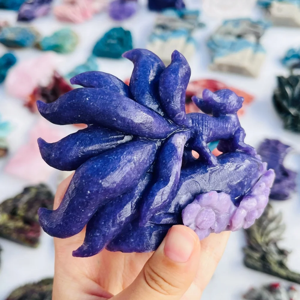 Natural Purple Mica Nine‑Tailed Fox Carving Crystal Animal Figurine Healing Stone Desktop Ornament Home Decoration