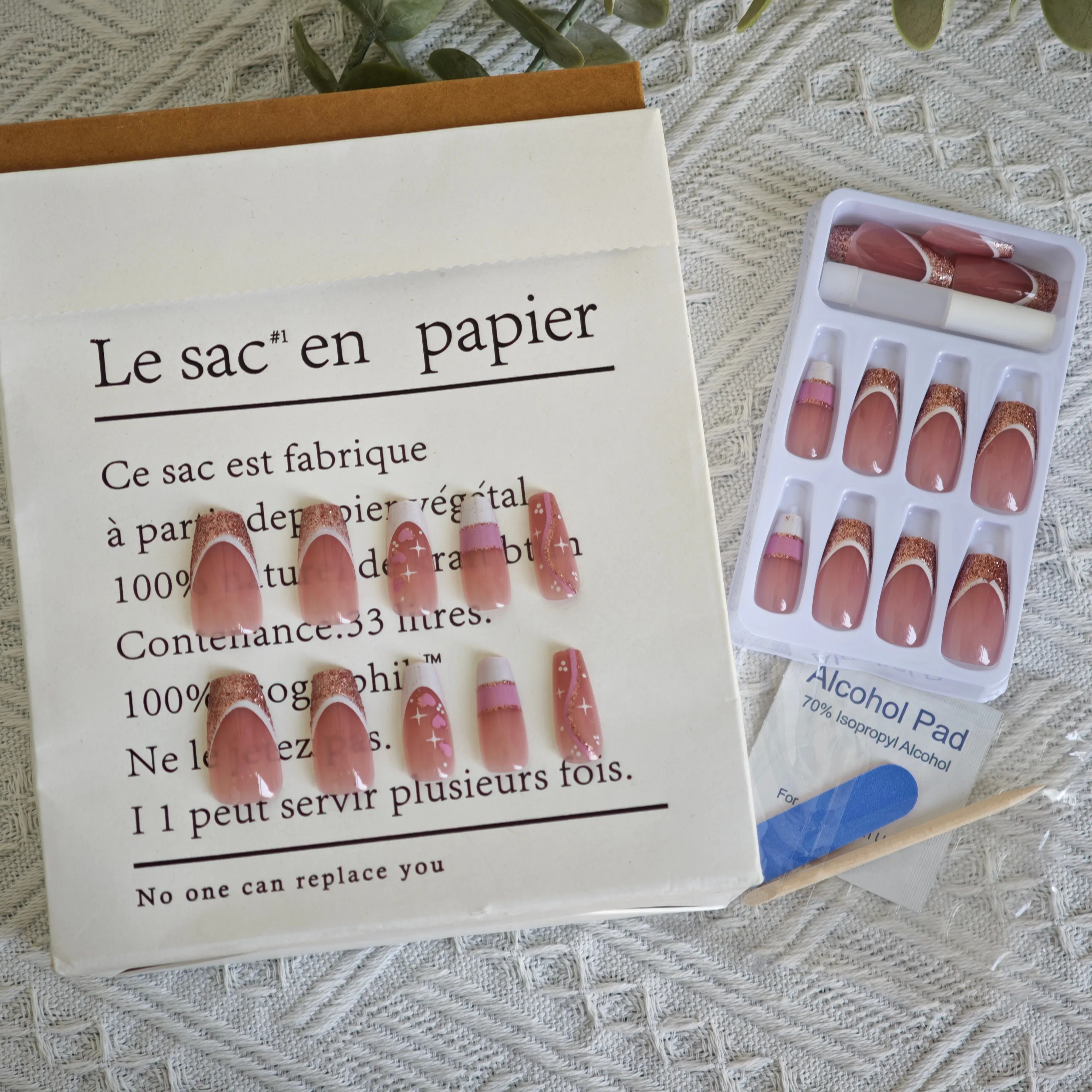 

24Pcs Ballerina Press on Nails - Gold Glitter with Star & Heart Rhinestones | European Square Shape Embossed Set in Mixed Sizes