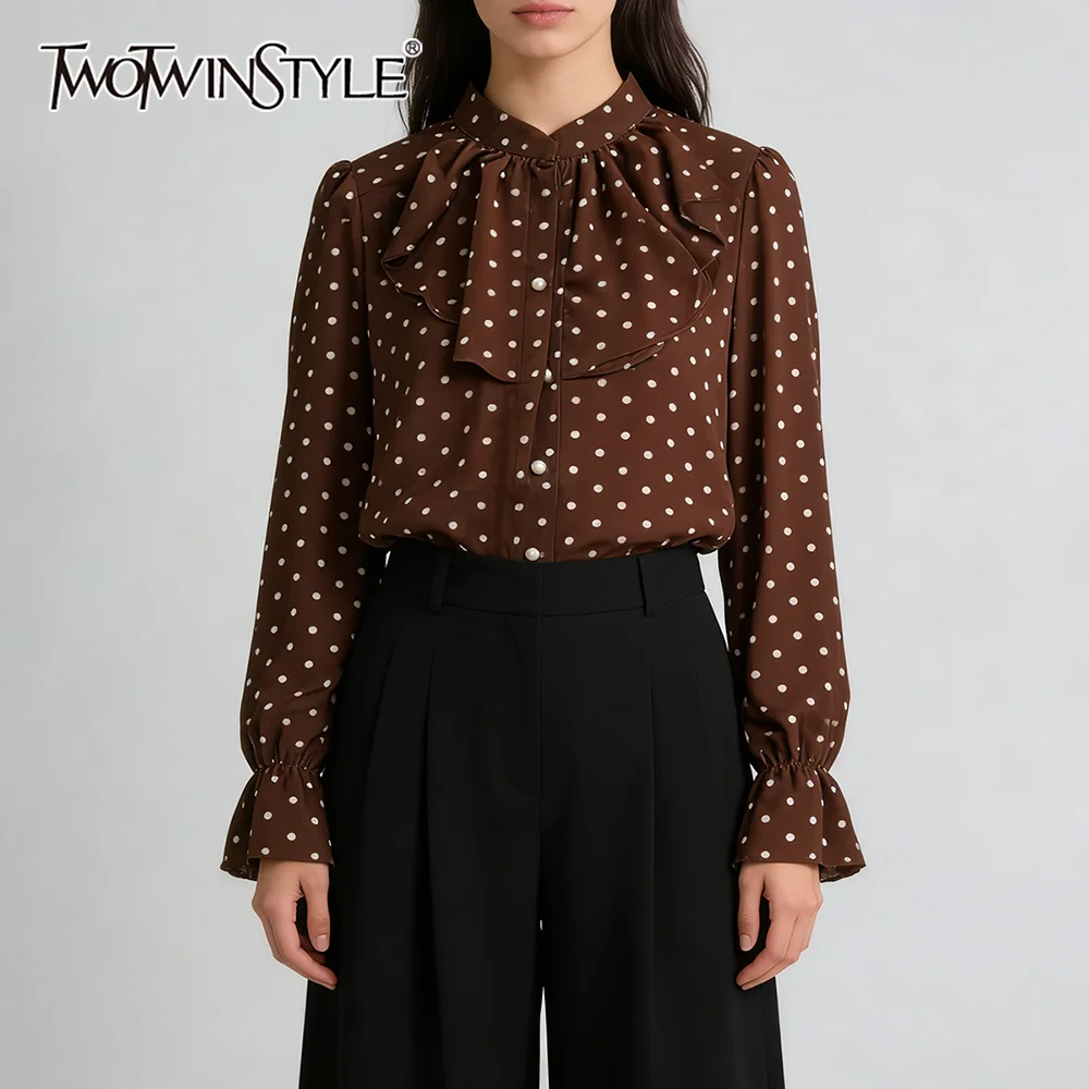 

TWOTWINSTYLE Hit Color Spliced Wave Point Casual Shirt for Women Round Neck Long Sleeves Patchwork 3D Flower Shirts Female New