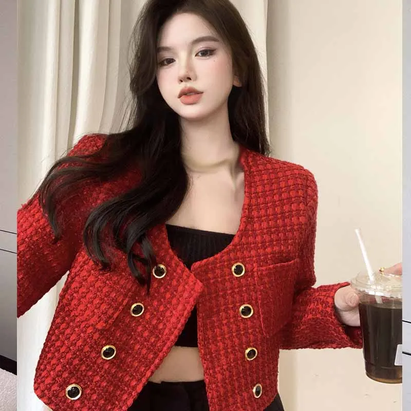 

OKXGNZ Boutique Double-Breasted Tweed Jacket Short Cardigan Top 2022 Autumn Winter New Coats Clothing Warm Wool Overcoat Female