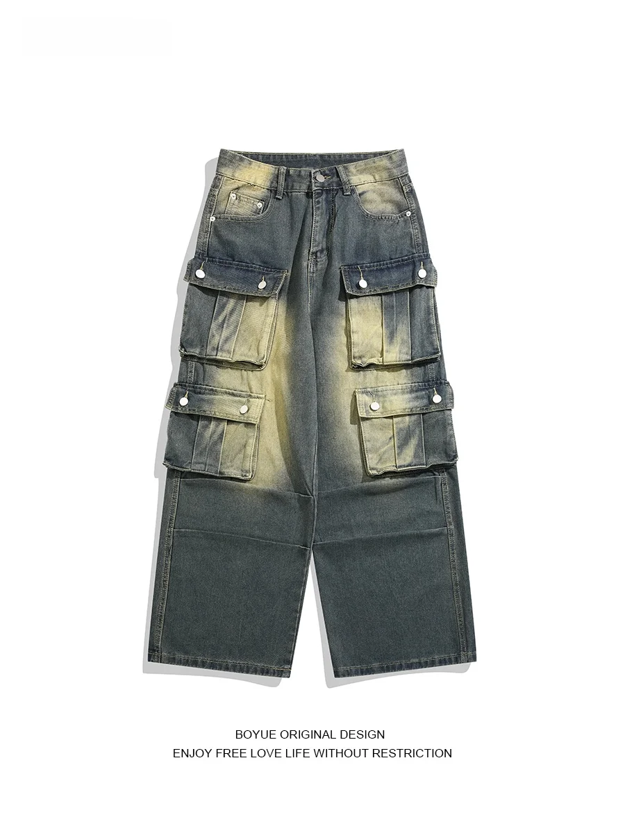 

Heavy-Du Multi-ket Hip Hop Sle Men's Wide Leg Jeans Old-Time American Workwear Casual Straight Cut Loose Fit Denim