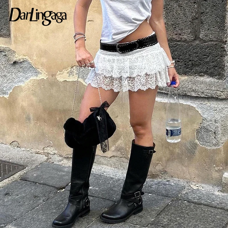 

Darlingaga Fashion Y2K Aesthetic White Lace Skirt Chic 2000s Aesthetic Fold Vintage Low Rise Mini Skirts Women Double Layer New