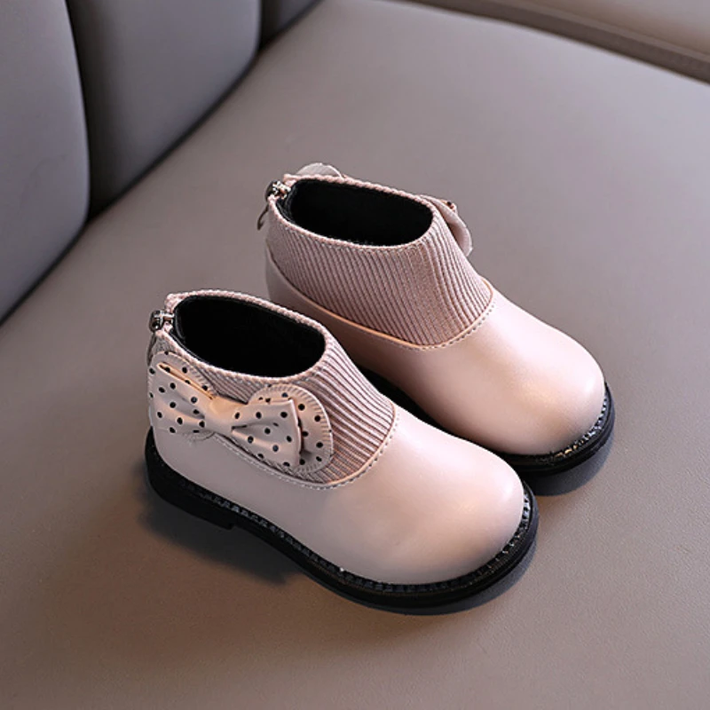 Girls Ankle Boots New Winter Kids Warm Princess Plush Bowtie Leather Boots Fashion Children\'s Cotton Boots J337