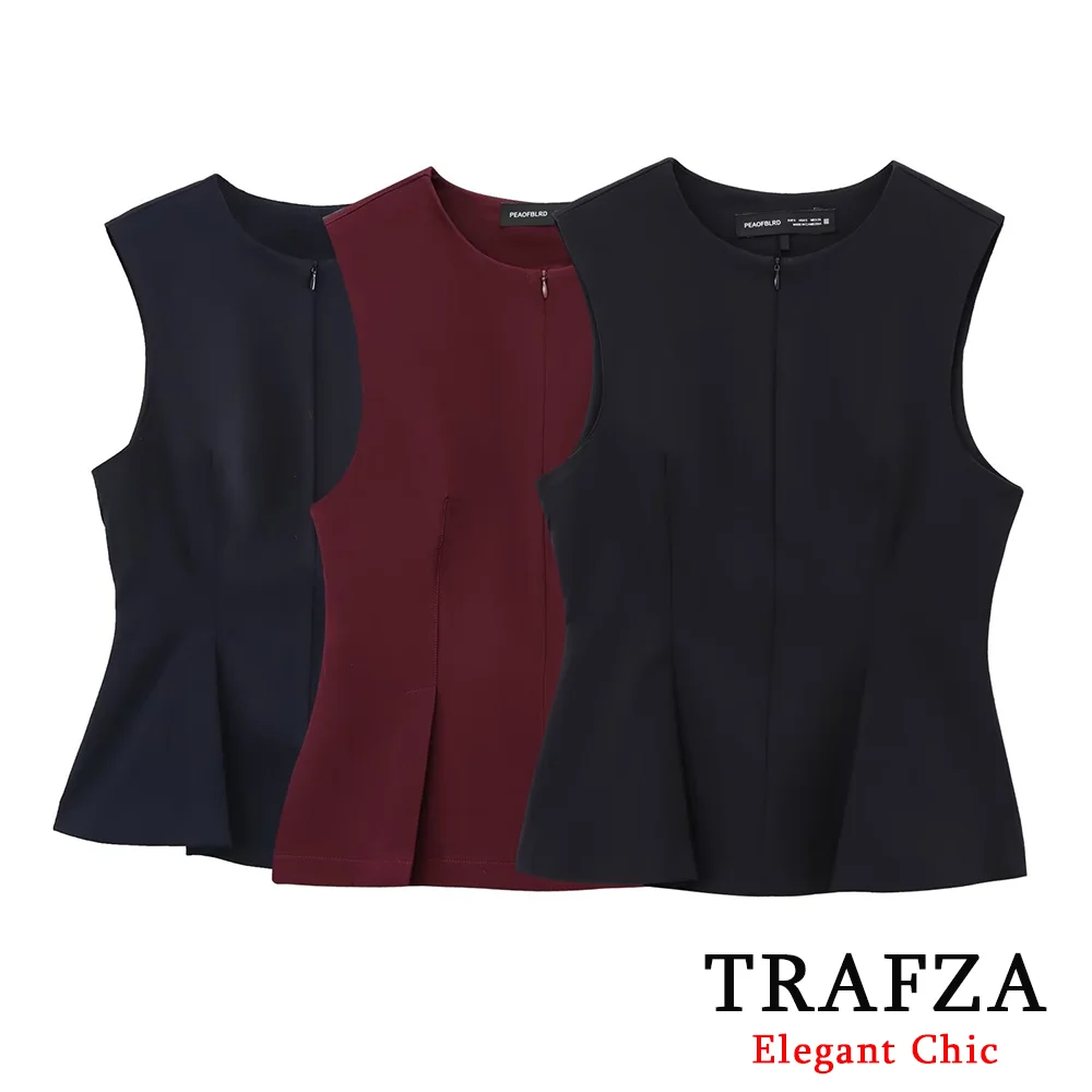 TRAFZA Women's Vintage Tops with Front Zipper And Short Skirt Hem Vest New 2025 Spring Fall Fashion High Street Sexy Slim Tops