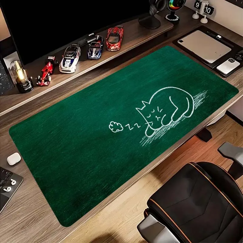 Sleeping Cute Cat Desk Mat Chalkboard Style Extra Large Mouse Pad Non-Slip Rubber Gaming Workspace Mat for Home Office