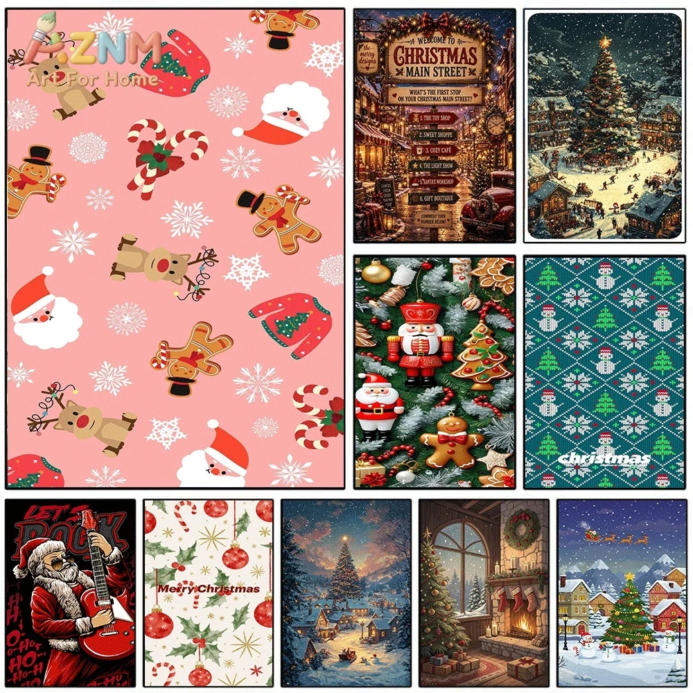 Pink Background Reindeer Gingerbread Man Santa Christmas Canvas Wall Art Print Poster Unframed Canvas Painting Home Living Roo