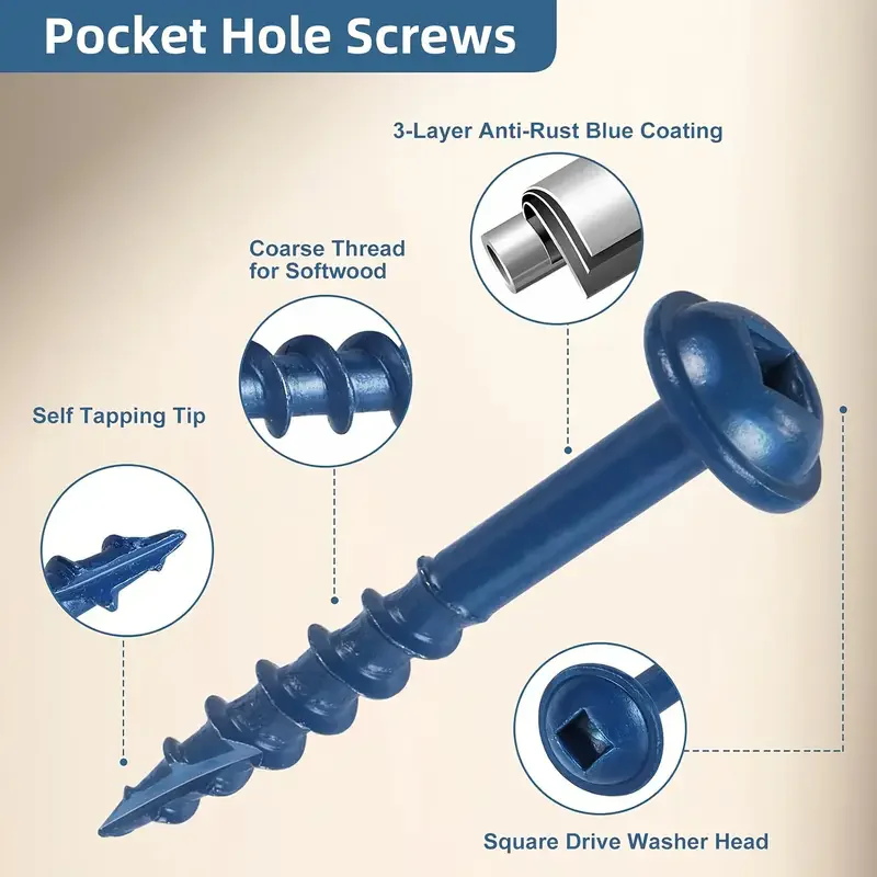 #8×2-1/2 Inch #8×1 Inch  #8×1-1/4 Inch #8×2 Inch  Pocket Hole Screws,100 Pcs,Wood Screws