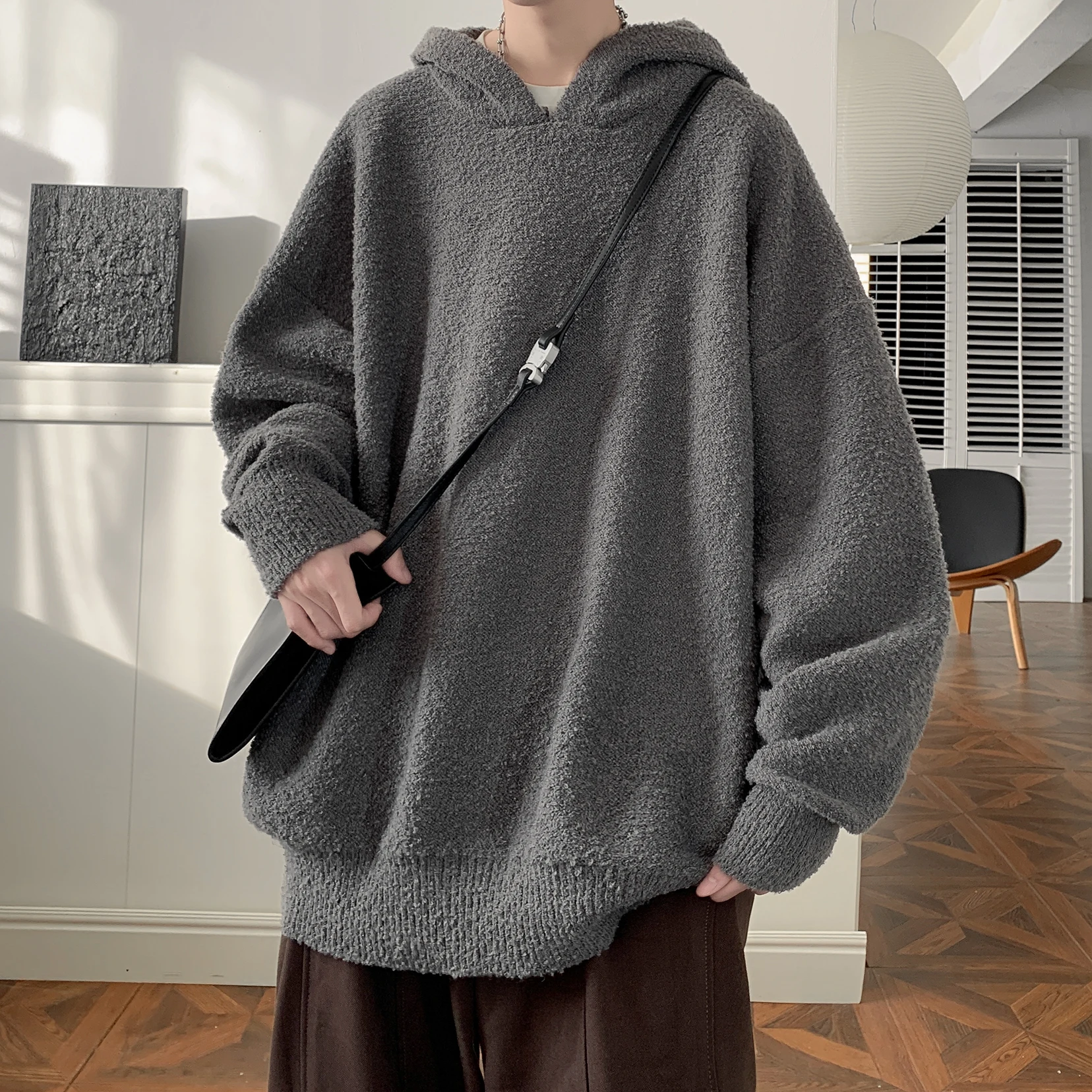 

Удобный мужской вязаный свитер-худи на весну-осень, свободный крой, в американском ретро-стиле, повседневный, с длинным рукавом