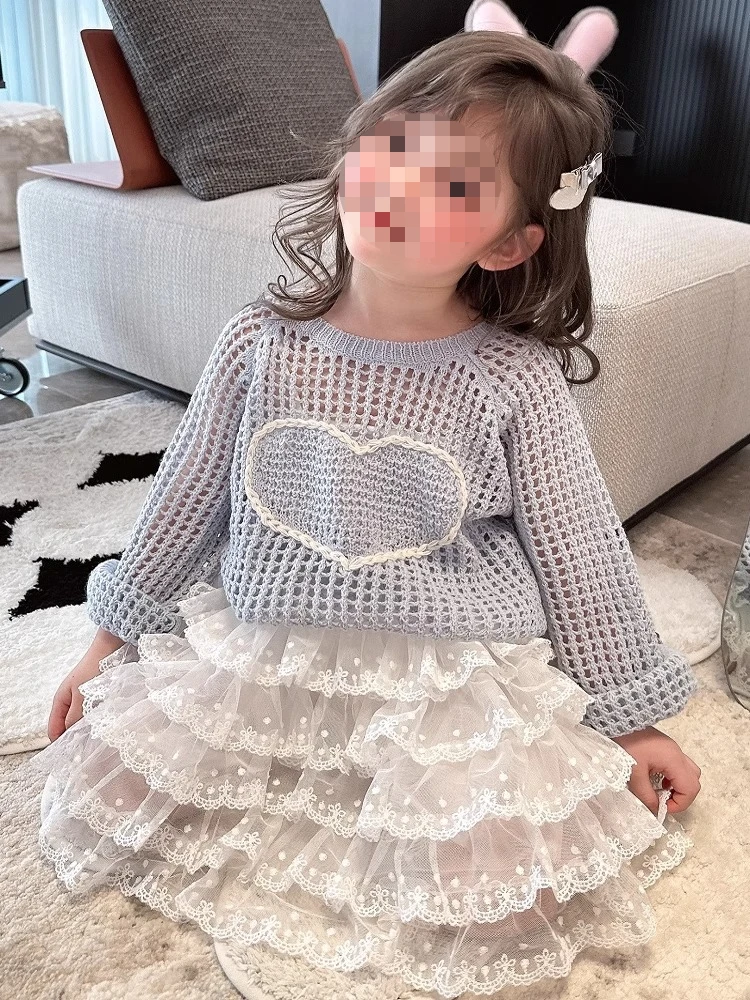 

Love Sleeve Knitted Shirt Pullover Girls Hollow Small Shirt Children Tops 2025 Spring and Summer New Clothing Girl's Knitwear