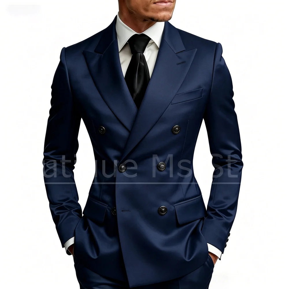 

Men Satin Double Breasted Suit 2 Piece Slim Fit Blazer with Gold Buttons and Pants Wedding Groom Prom Formal Luxury Party Tuxedo
