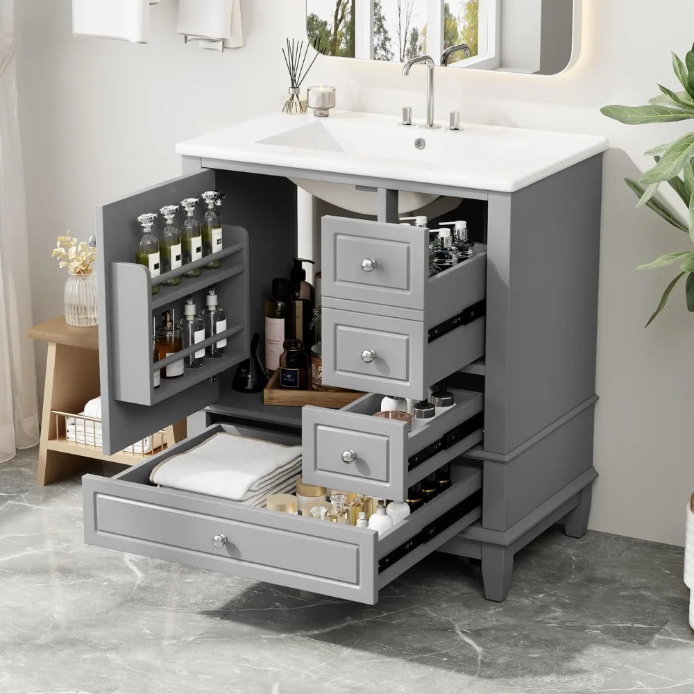 

30" Bathroom Vanity with Sink, Free Standing Single Basin Vanity Set with One Door and Three Drawers,