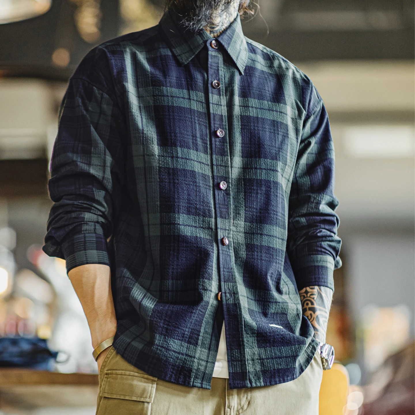 

Maden Men's Vintage Blue-Green Plaid Shirt Cotton Long Sleeve Shirts Fish Embroidery Single-breasted Blouse for Spring Fall