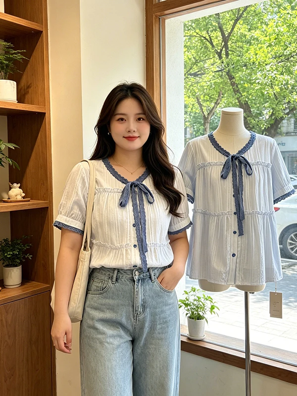 

plus Size Summer 2026 New Style Sea Salt Blue Lace Belted V-Neck Slimming Tummy Covering Shirt Top Women's Korean Commute Style