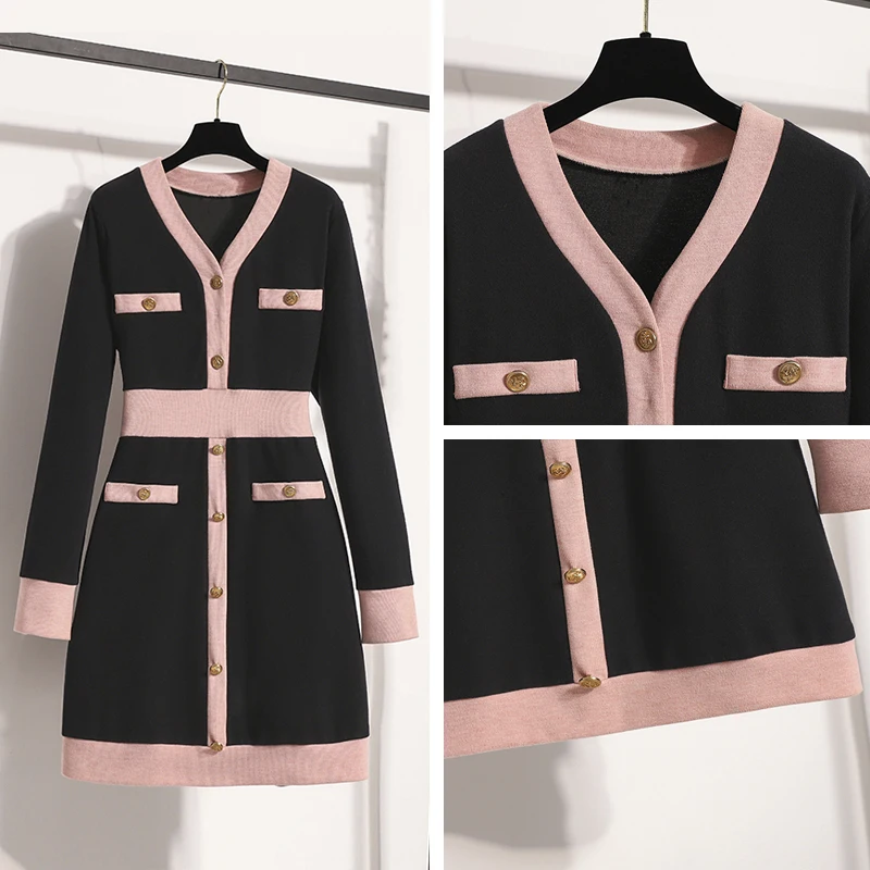 Autunno Inverno Caldo Addensare Abiti maglione lavorato a maglia per donna Ufficio Donna Elegante vita alta A-line Patchwork Abiti De Fiesta