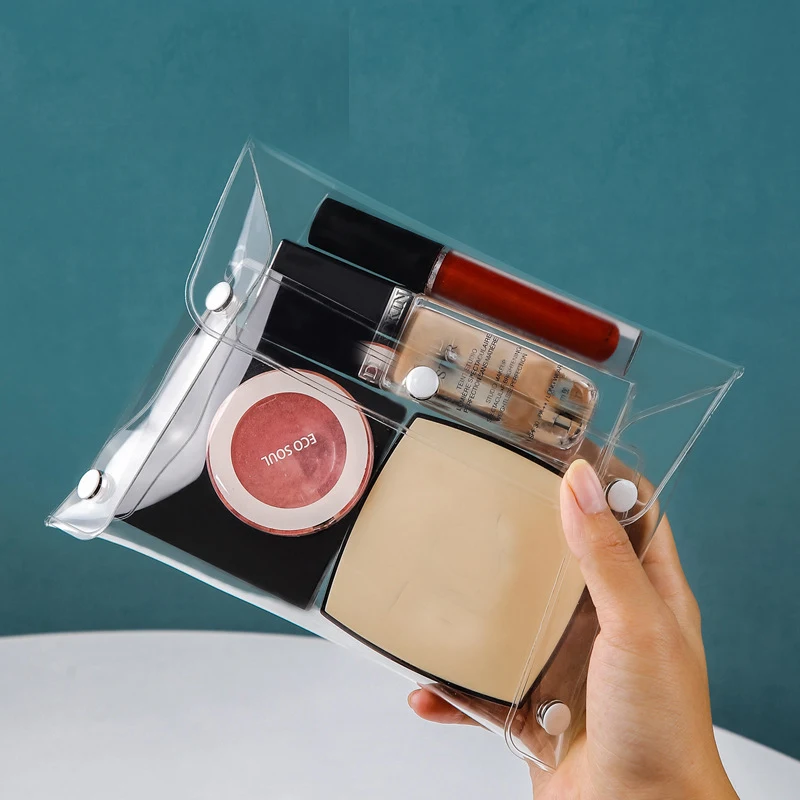 Bolsa de maquillaje transparente, organizador de cosméticos, estuche portátil de viaje, juego de almacenamiento de bolígrafos transparentes de PVC, artículos de tocador de baño