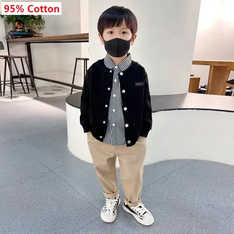 2024 Teens Boys Outfits Set Spring Autumn New Baby Black Single Breasted Knitted Coat+ Stripe Shirt+Khaki Pants 3pcs Casual Sets