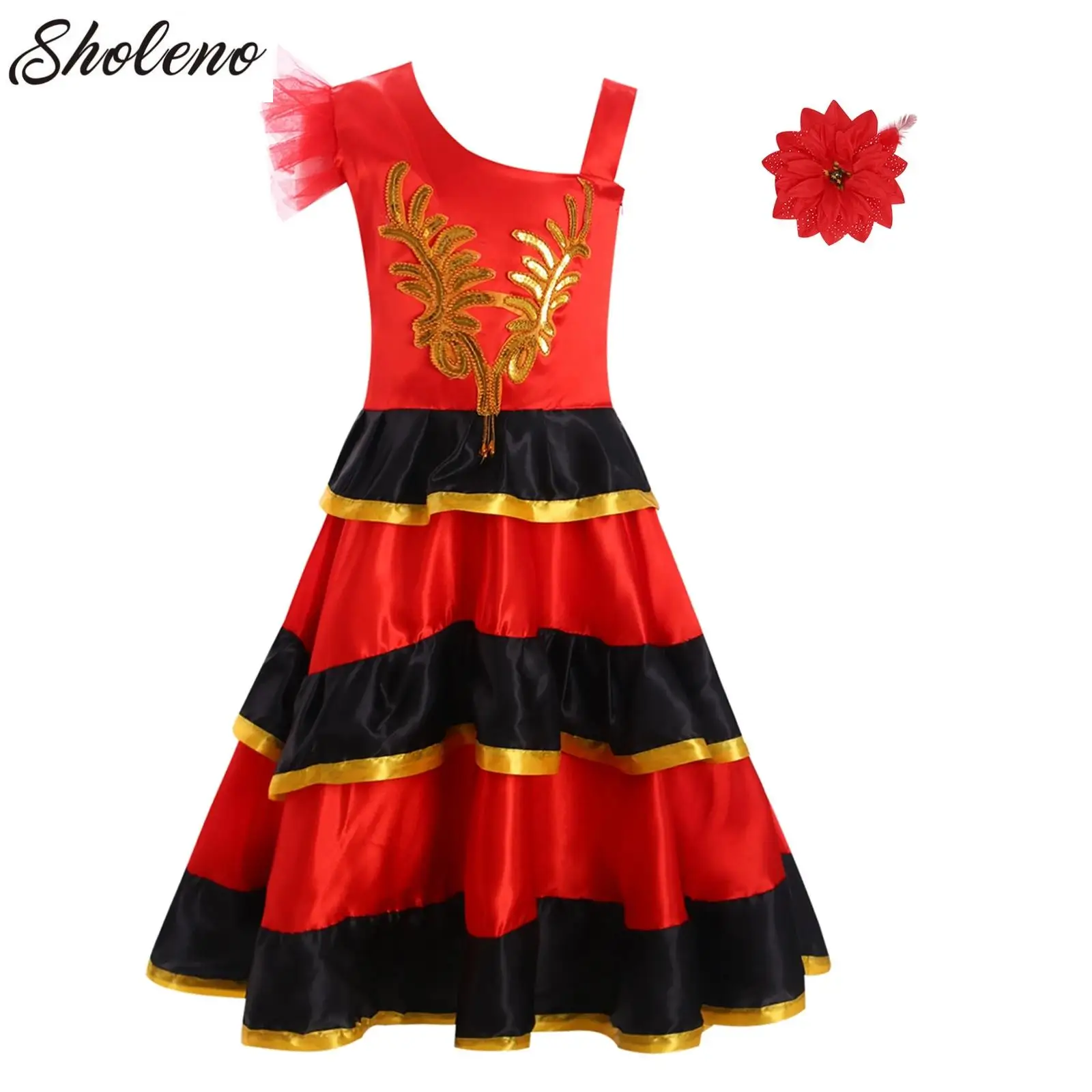 Spanish Girl Traditional Flamenco Dancer Costume Children's Masquerade Performance Outfits Carnival Party Stage Showing Dress Up