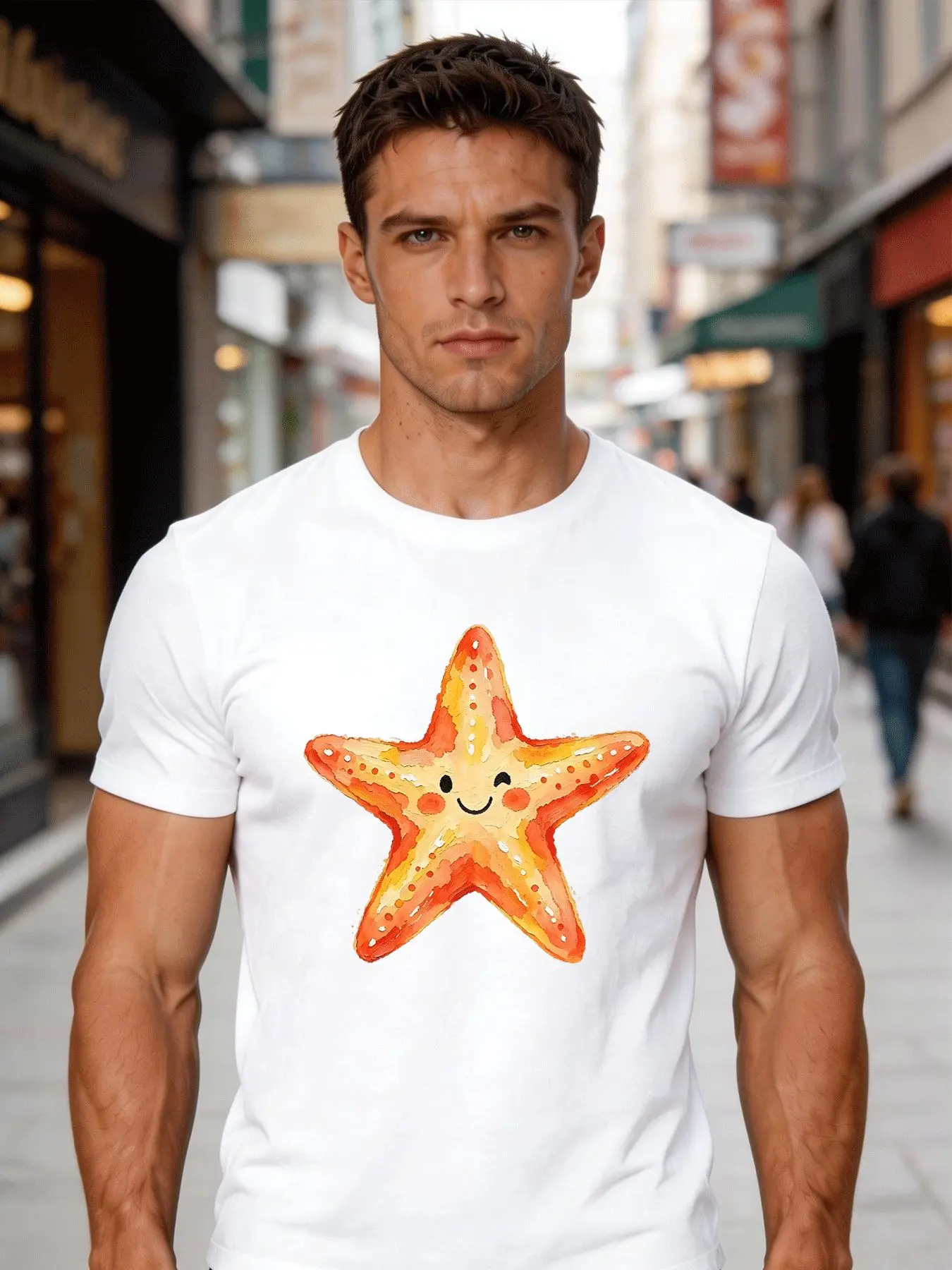 Male Cotton Short Sleeve T Shirt Happy Starfish Ocean Animal Print Loose Crew Neck Trendy Casual Summer Tees For Young Adult Men