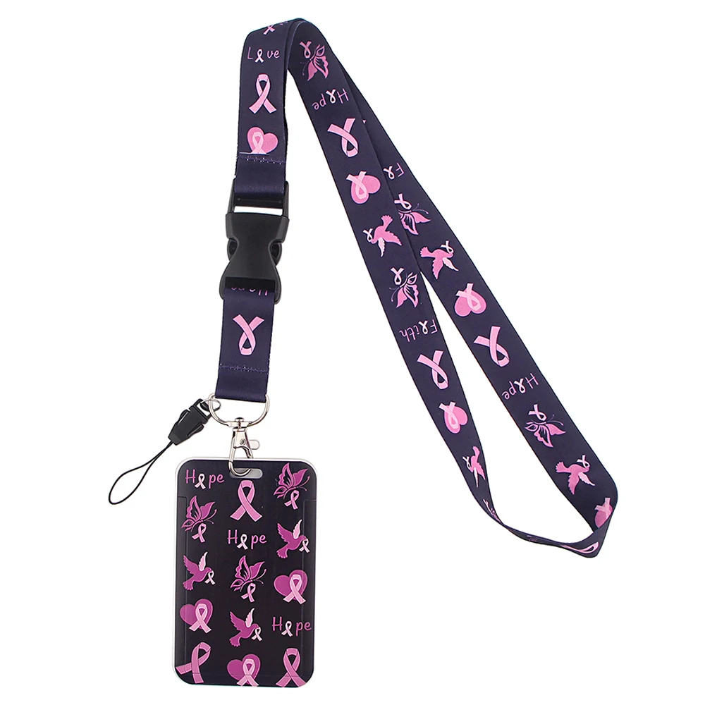 Credential holder Pink Ribbon Breast Cancer Women Neck Strap lanyard card ID Holder Gym Key Chain Key Holder Hang Rope Key Rings