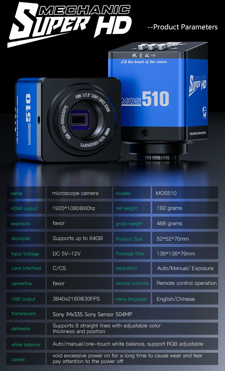【MECHANICHT】 MOS-510 4K@60Hz Ultra HDMI 2.0 microscoopcamera 21MP met Sony IMX335-sensor Type-C-uitgang C/CS-montagecompatibiliteit