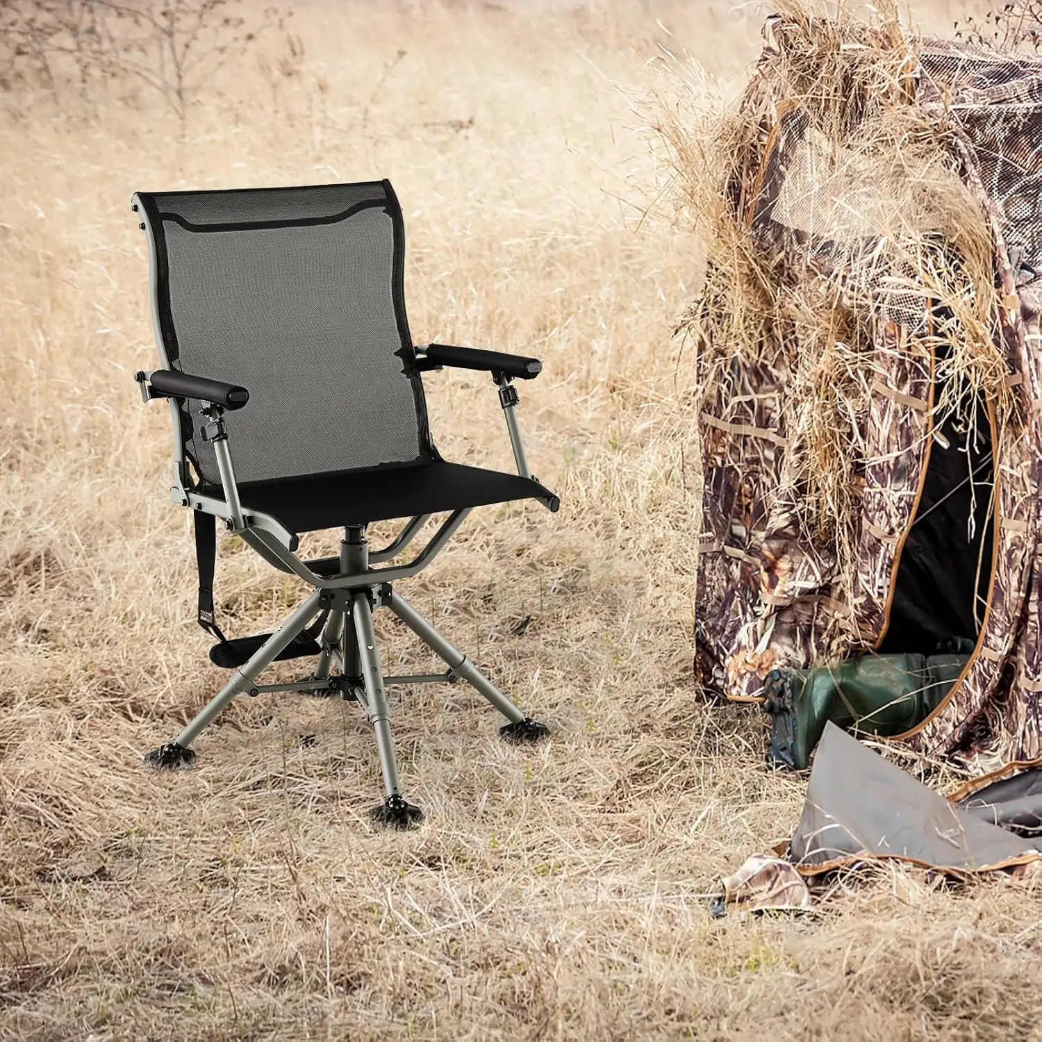 Tangkula Hunting Chair, 360 Degree Silent Swivel Blind Chair with 4 Adjustable Legs, Foot Pads & Armrests, Portable Folding Hunt