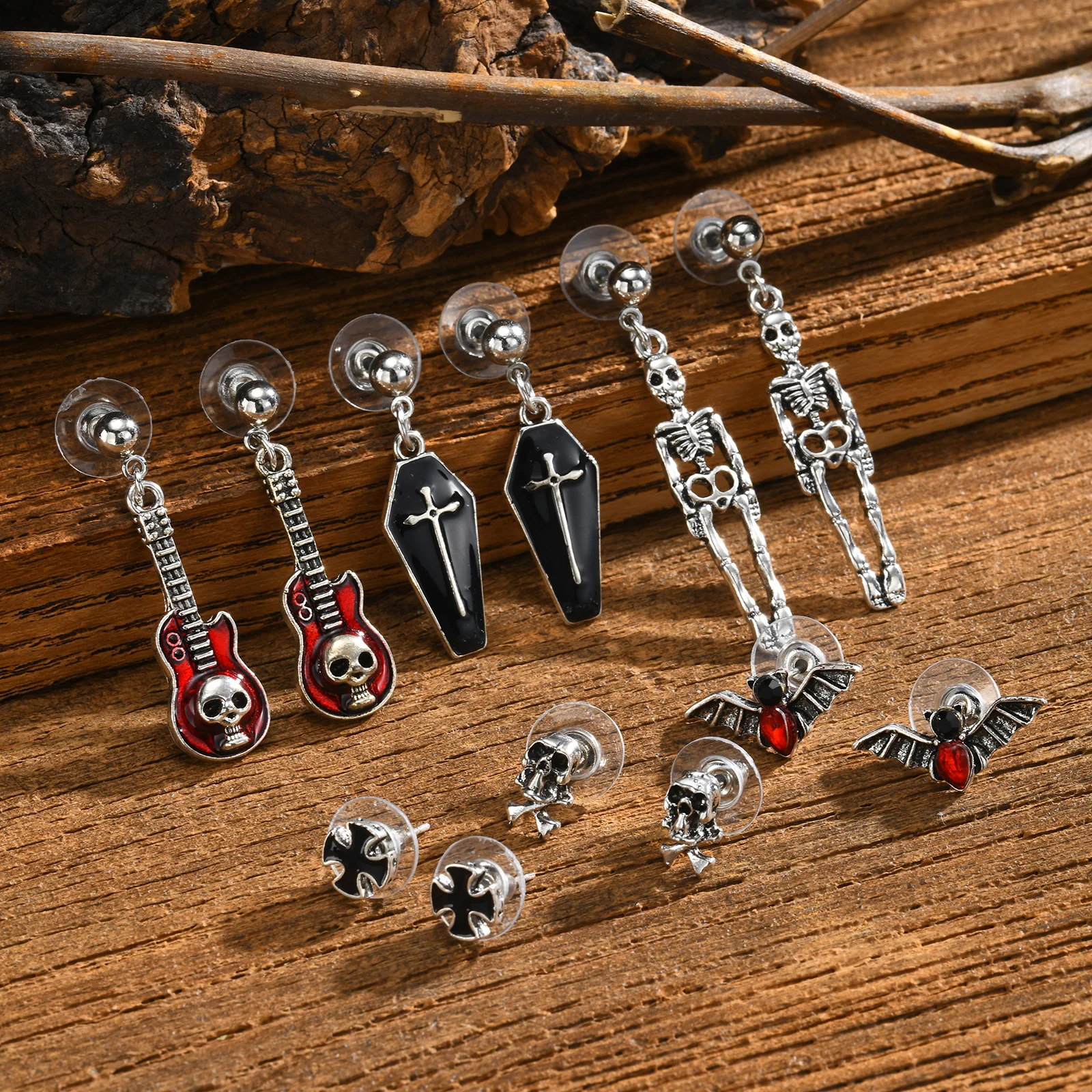 6 Pairs Gothic Skull Bat Cross Earrings Set Punk Skull Sword Coffin Dangle Earrings for Women Men Halloween Y2K Jewelry Gift