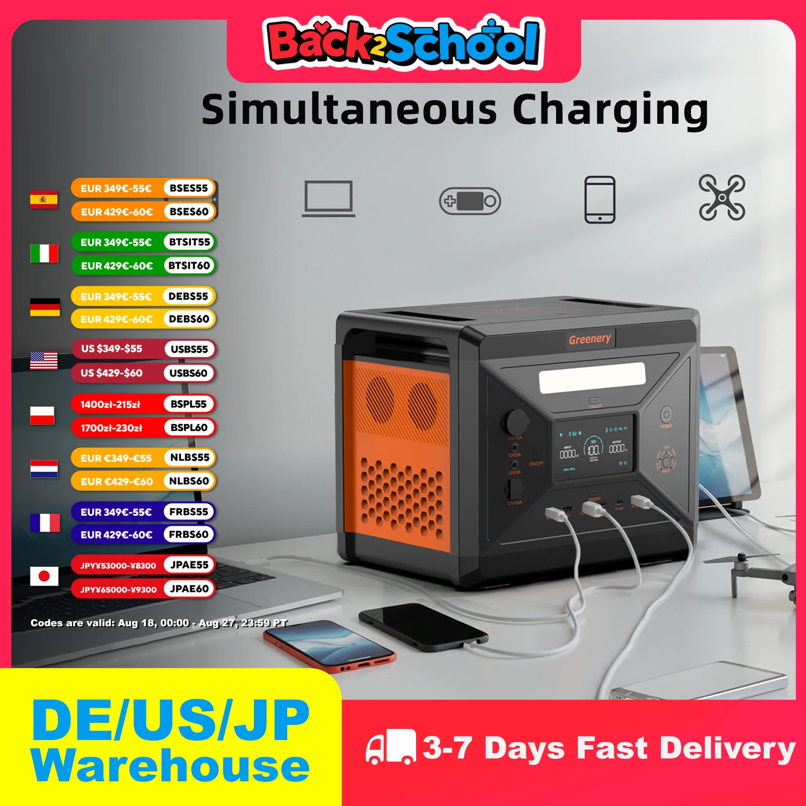 

Greenery Portable Energy Station G2500 BMS Protection Power Bank 2500W 2304Wh External Lifepo4 Battery Camping Field Equipment