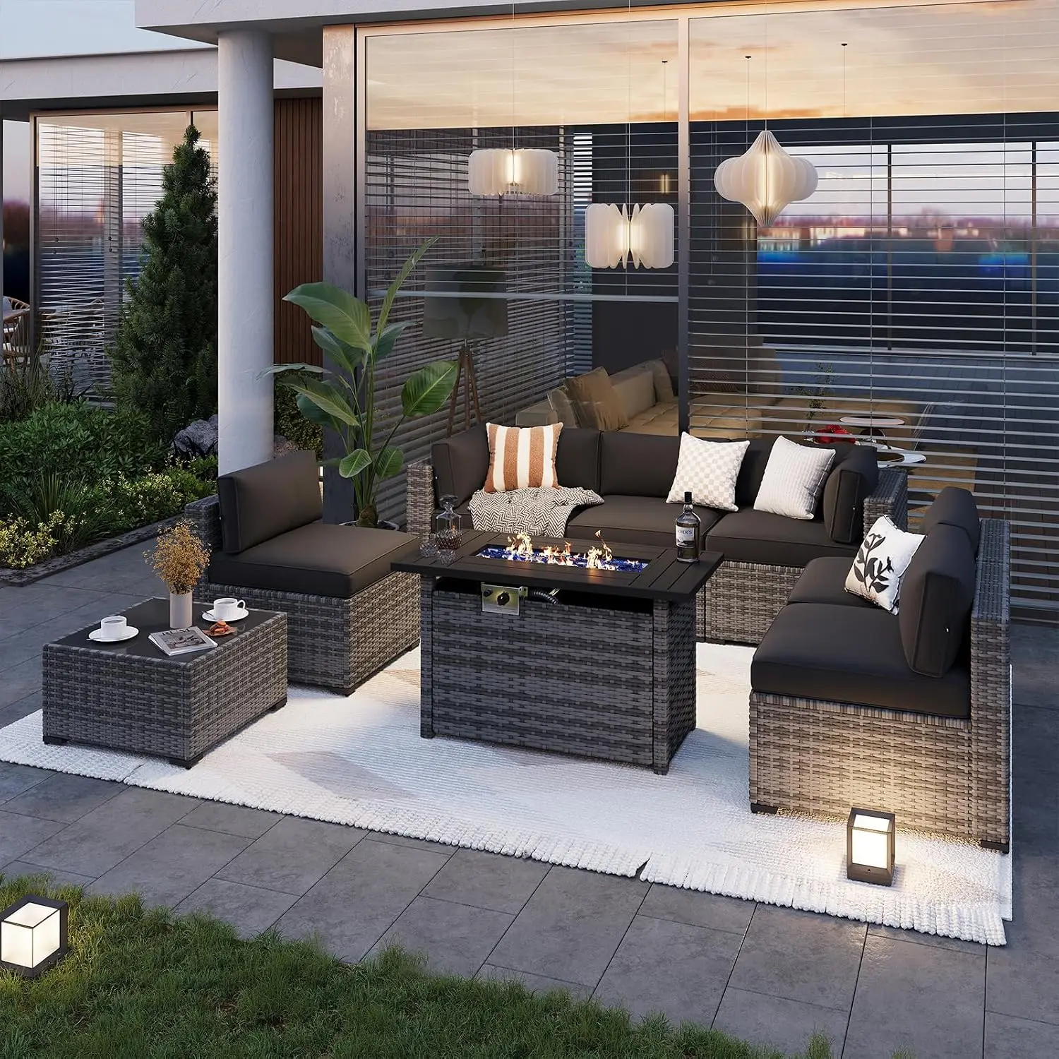 8-Piece Wicker Patio Sectional Sofa with 44'' Propane Gas Fire Pit Table for Backyard Poolside Garden, Customized