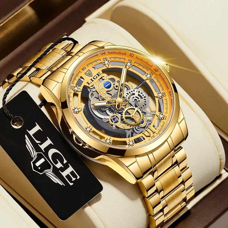 2024 LIGE Skeleton Gold Men Quartz Watches  Top Brand Skeleton Luxury Vintage Man Watch Mens Watches Waterproof Watch For Men