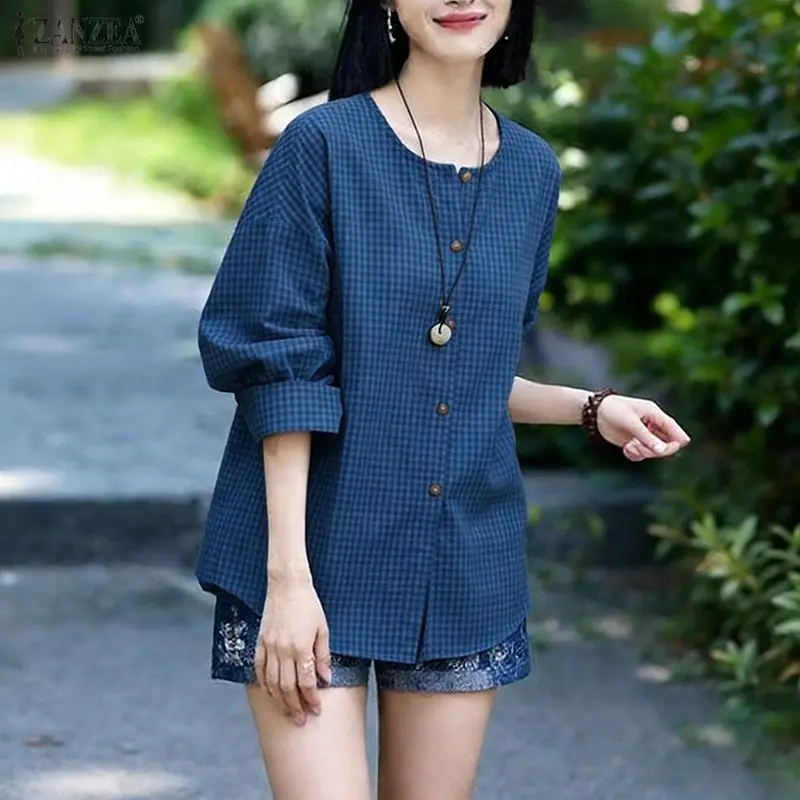 

ZANZEA Винтажная женская рубашка в клетку, модная блузка с длинным рукавом и принтом, весна-осень 2026, повседневная, на пуговицах, элегантная офисная блузка для женщин