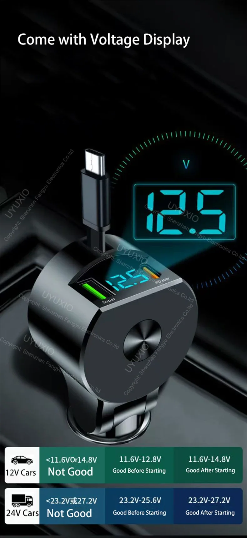 USB C Car Charger 65W Super Fast Charge with Voltage Display PD 30W Retractable Type C Cable for iPhone 16 Pro Max 15 Samsung