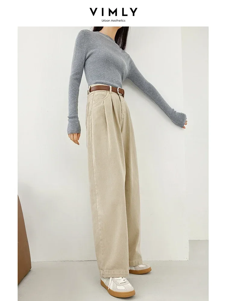 Vimly Khaki Baggy Pants Women 2024 Spring High Waist Wide Leg Casual 100% Cotton Loose Straight Pant Leather Belt Trouser M5720