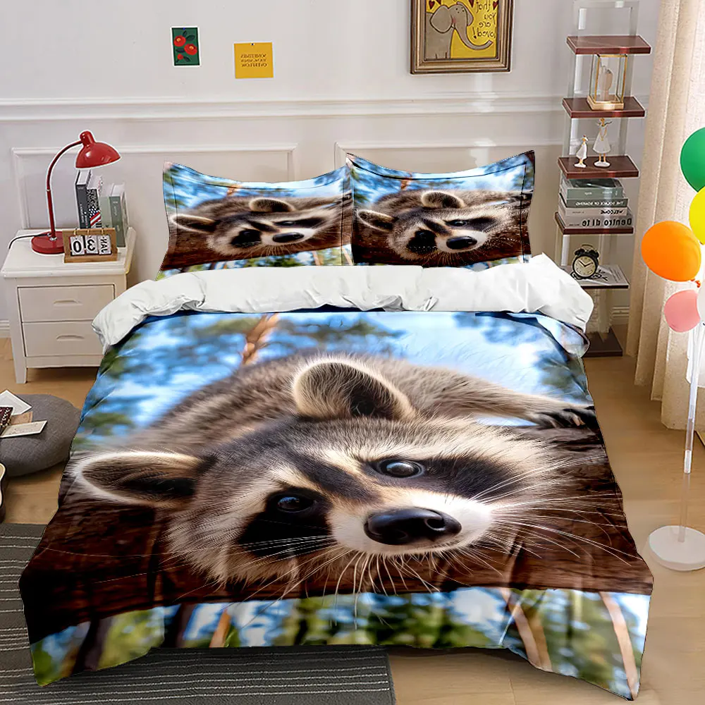 Cute raccoon hanging on a tree playfully Print Bedding set 3PC 1 duvet cover 2 pillowcases adult and children bedding set