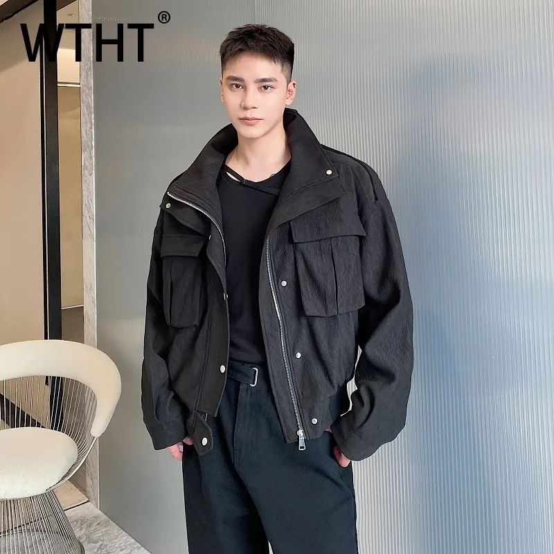 

WTHT модные мужские однотонные пальто-карго со сращенными карманами, модные осенние однобортные куртки с воротником-стойкой, мужские 2A1956