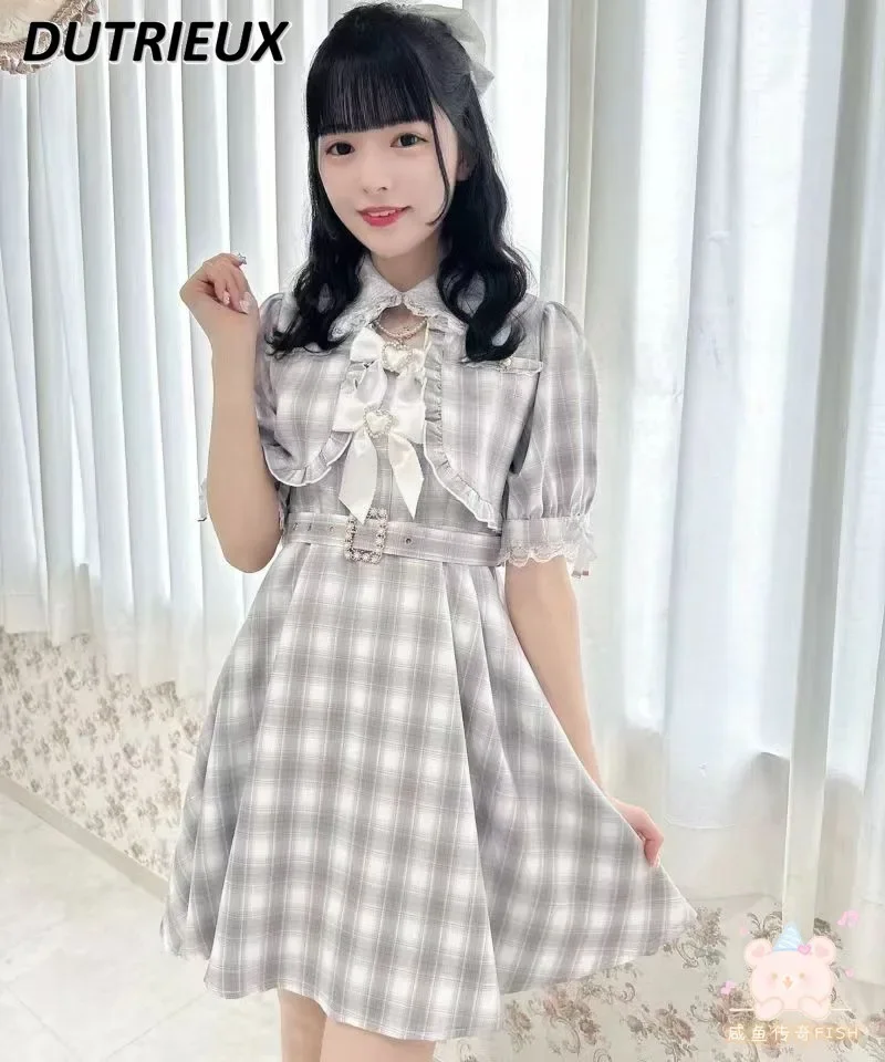 

Fashion Plaid Waistcoat Summer Mine Series Mass-Produced Bow Short Sleeve Dresses for Women Japanese Style Casual Dress