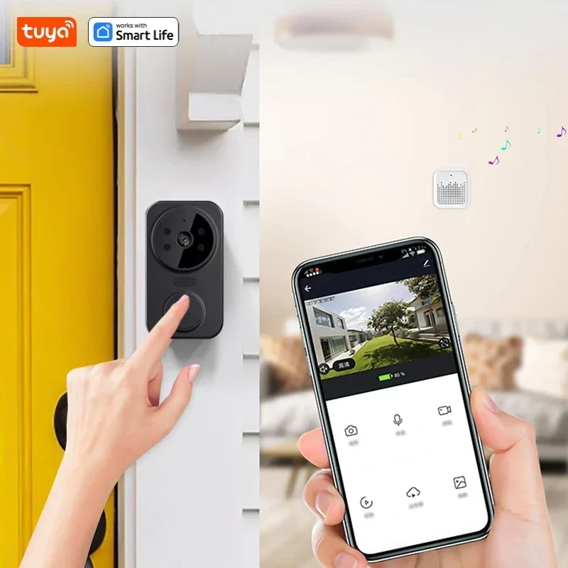 Tuya Smart Home Doorbell Camera WIFI Wireless Doorbell DC AC Battery Powered Camera Bell with Smart Life Doorbell Camera  Black