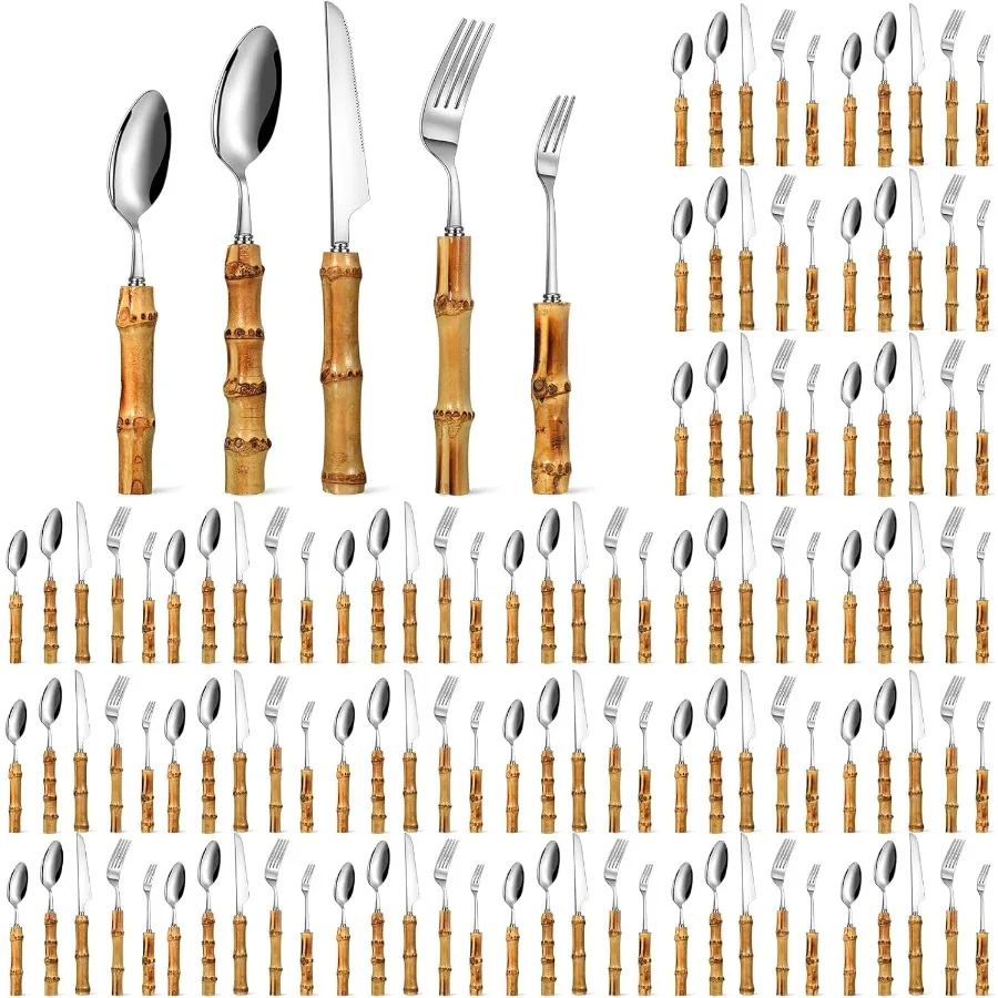 

Набор бамбукового столового серебра 18, 8, набор посуды из нержавеющей стали, натуральная посуда, набор столовых приборов, ложка, вилка, ножи, столовые приборы с бамбуковой ручкой f