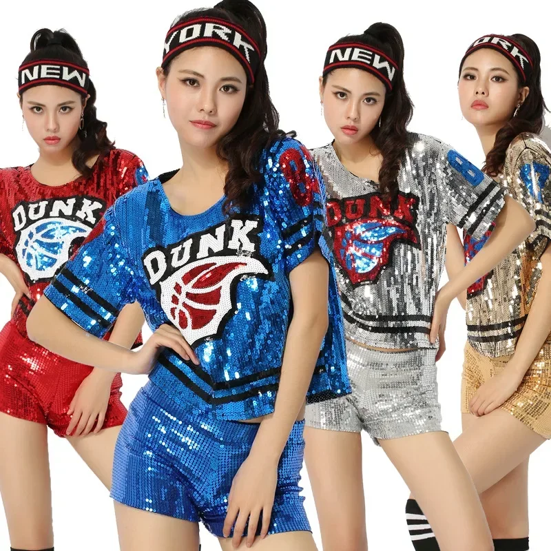 Performance uniform female singer jazz stage group dance cheerleading uniform football baby sequin t-shirt