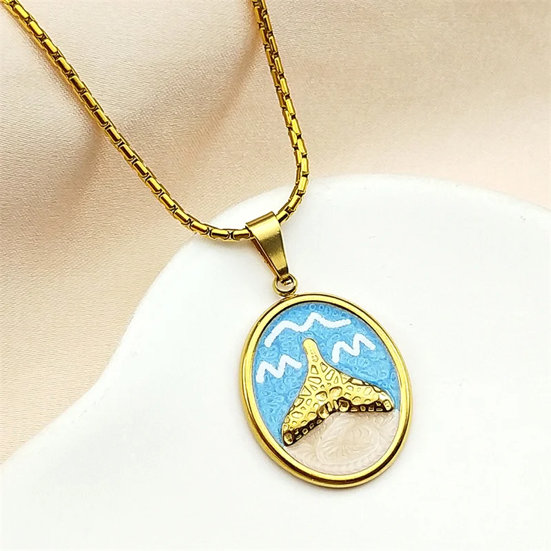 الحوت ذيل السماء البحر قلادة قلادة للنساء الرجال الفولاذ المقاوم للصدأ المينا الأزرق المحيط نمط العصرية سلسلة عنق مجوهرات الإكسسوار