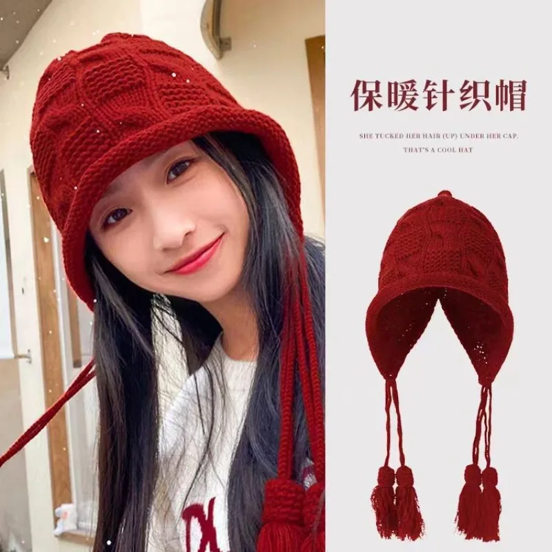 Handmade Witch Knitted Beanie Autumn Winter Warm Ear Protection Pullover Hat Japanese Style Tassel Cute Sweet Windproof Wool Cap
