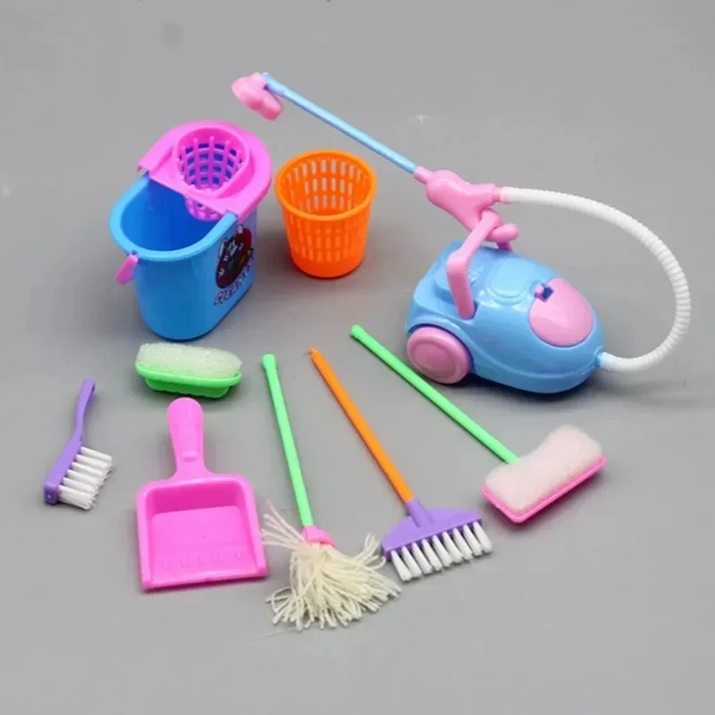 9-delige mini-reinigingsspeelgoedset - poppenhuisbezem, dweil- en emmeraccessoires voor kinderen, poppenmeubilair huishoudelijk spelen