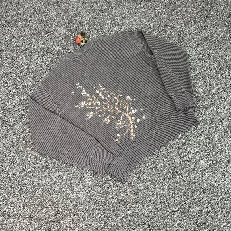 

25FW Высокое качество свитер с вышивкой сливового цвета для мужчин и женщин унисекс повседневные вязаные толстовки пуловеры с круглым вырезом